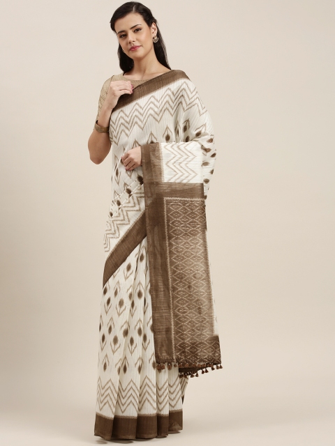 

aamna Off-White & Camel Brown Cotton Blend Printed Pochampally Saree