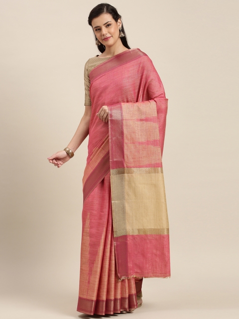 

aamna Pink Cotton Blend Woven Design Tussar Saree
