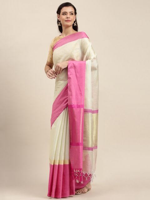 

aamna Cream-Coloured Tissue Solid Banarasi Saree