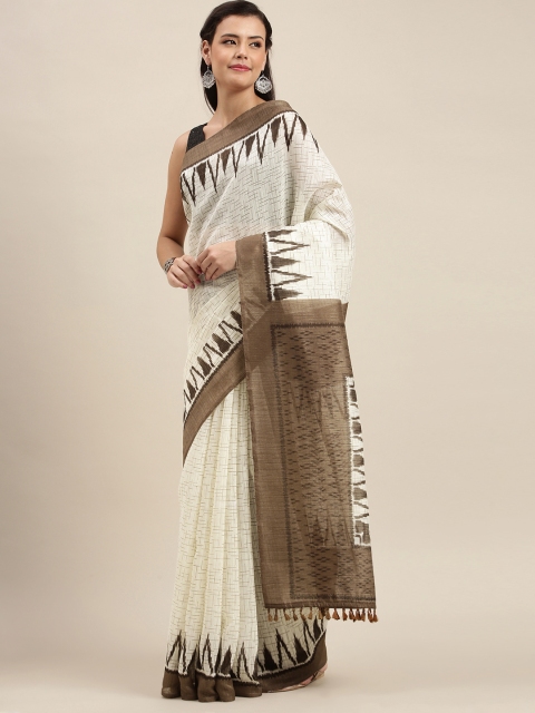 

aamna Off-White & Brown Cotton Blend Printed Pochampally Saree