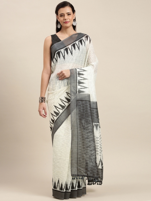 

aamna Off-White Cotton Blend Printed Pochampally Saree