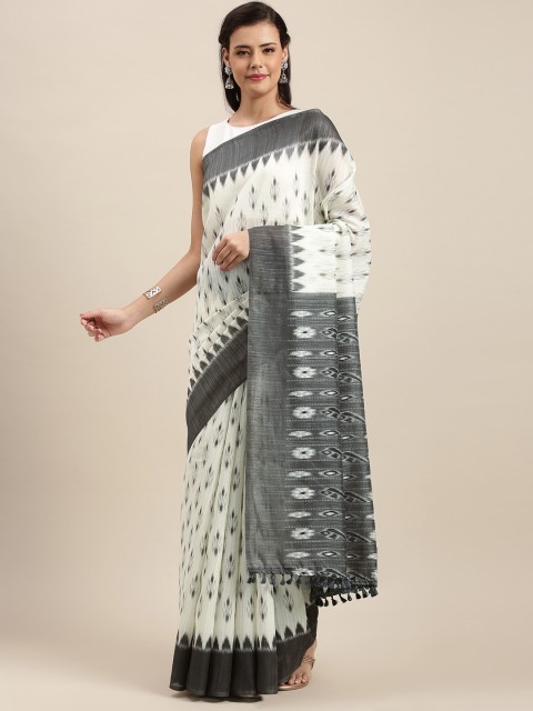 

aamna Cream-Coloured & Black Cotton Blend Printed Pochampally Saree