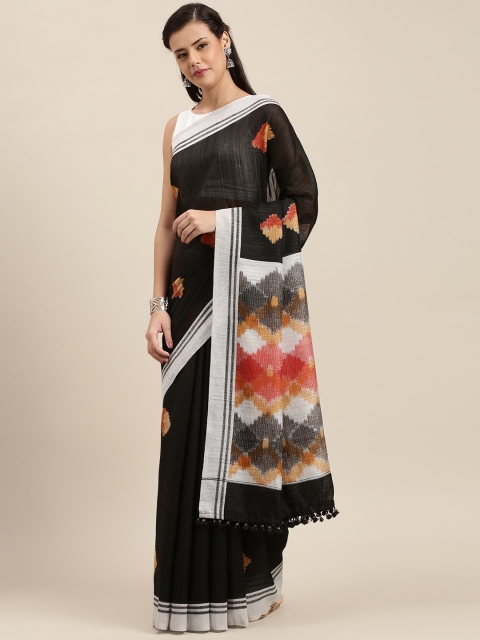 

aamna Black & Yellow Linen Blend Printed Pochampally Saree