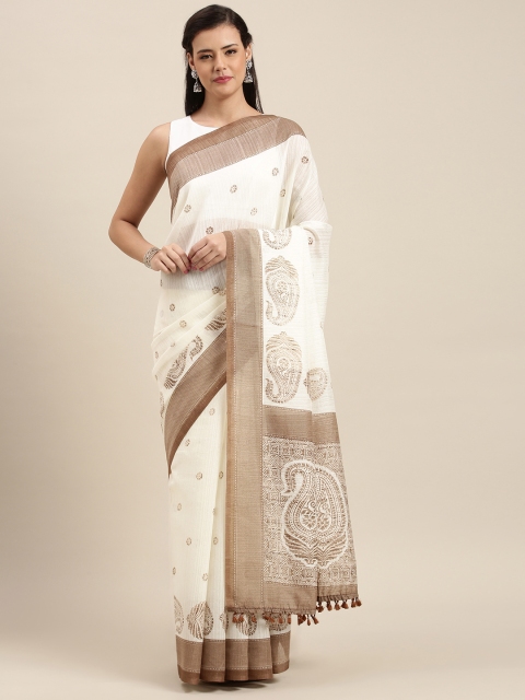 

aamna Cream-Coloured & Brown Cotton Blend Printed Pochampally Saree