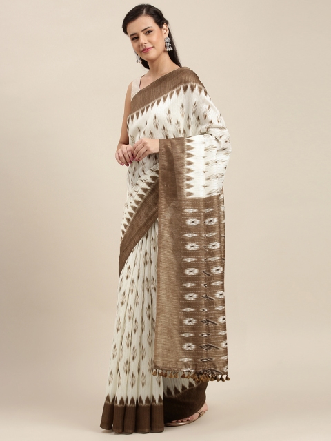 

aamna Cream-Coloured & Brown Cotton Blend Printed Pochampally Saree