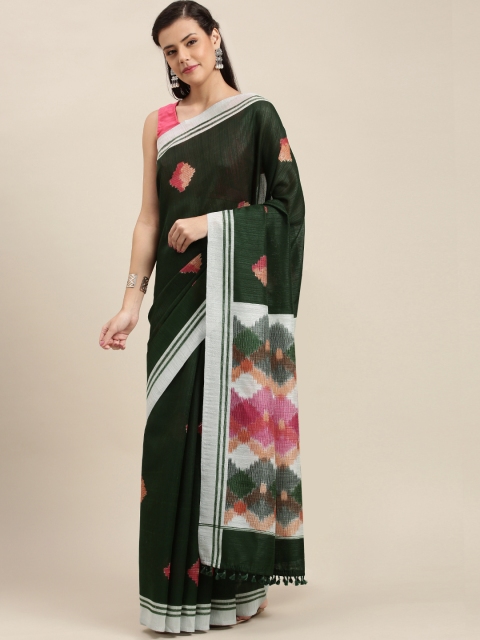 

aamna Green & White Linen Blend Printed Pochampally Saree