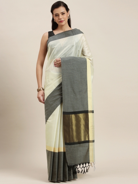 

aamna Cream-Coloured & Black Tissue Solid Banarasi Saree