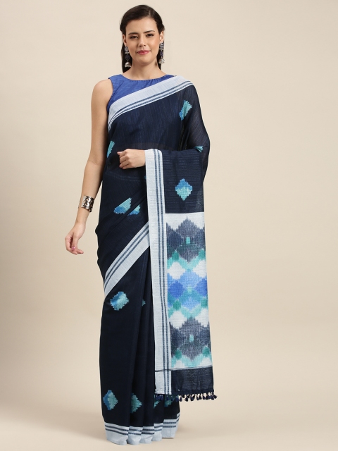 

aamna Blue & White Linen Blend Printed Pochampally Saree