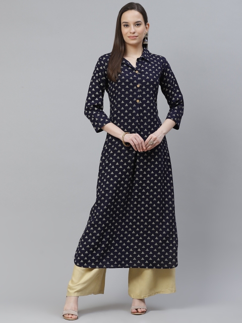 

mokshi Women Navy Blue & Off-White Geometric Printed Pathani Kurta