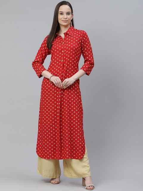 

mokshi Women Red & Off-White Geometric Printed Pathani Kurta