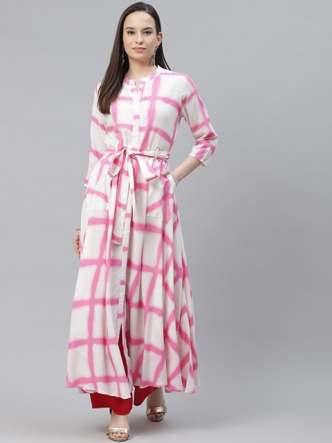 

mokshi Women Pink & White Checked Anarkali Kurta with Belt