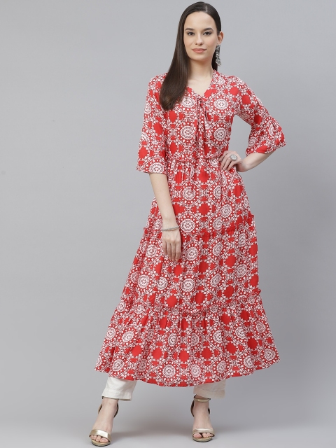 

mokshi Women Red & White Ethnic Motifs Printed Flared Sleeves Tiered Anarkali Kurta