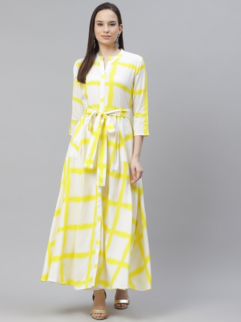 

mokshi Women Yellow & White Checked Kurta