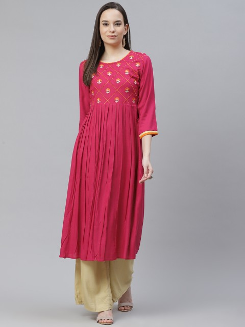 

mokshi Women Magenta Ethnic Motifs Yoke Design A-Line Kurta, Pink