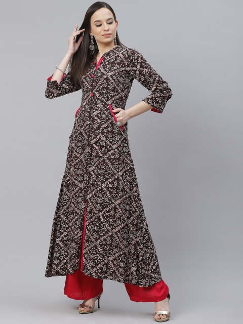 

mokshi Women Brown & Off White Floral Printed A-Line Kurta