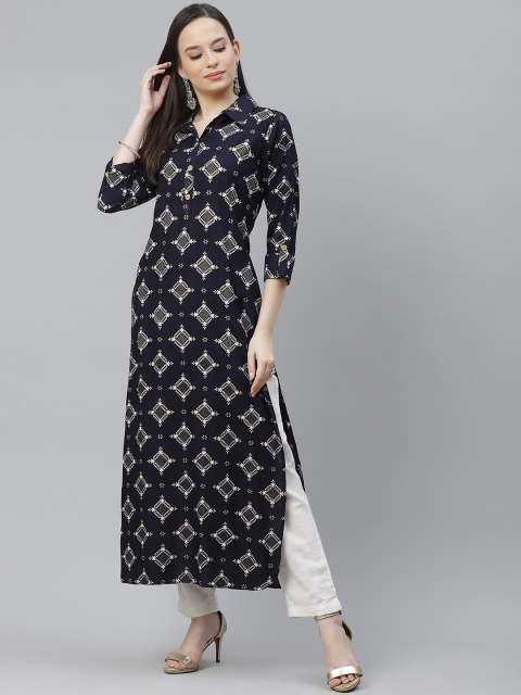 

mokshi Women Navy Blue & White Ethnic Motifs Printed Pathani Kurta