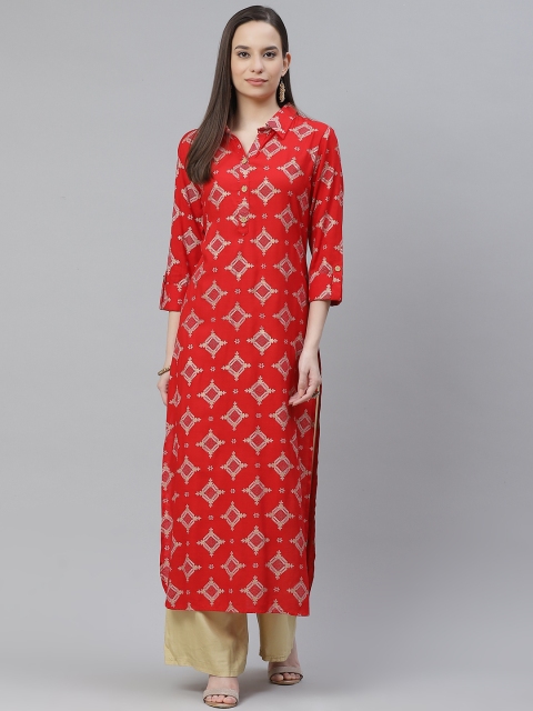 

mokshi Women Red & Golden Ethnic Motifs Printed Pathani Kurta