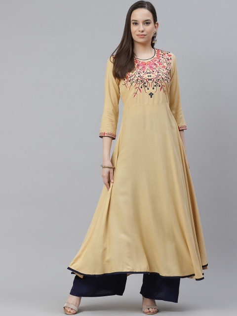

mokshi Women Beige Ethnic Motifs Yoke Design Mirror Work Anarkali Kurta
