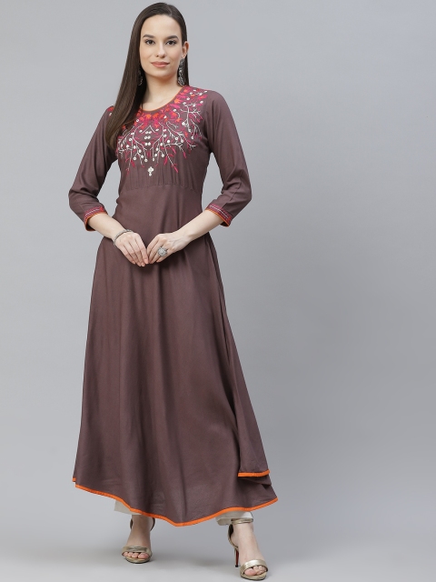 

mokshi Women Taupe Ethnic Motifs Yoke Design A-Line Kurta