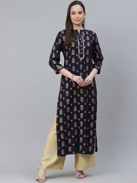 

mokshi Women Navy Blue & Golden Ethnic Motifs Printed Gotta Patti Straight Kurta