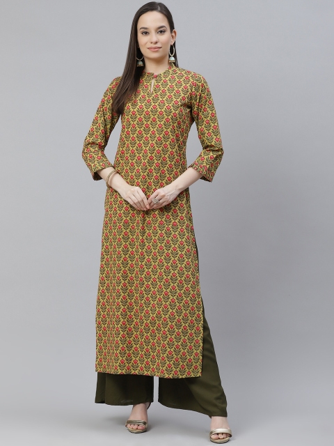 

mokshi Women Olive Green & Pink Printed Pure Cotton Keyhole Neck Straight Kurta