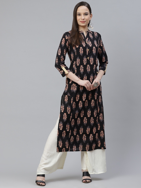 

mokshi Women Black & Rust Orange Cotton Floral Printed Straight Kurta