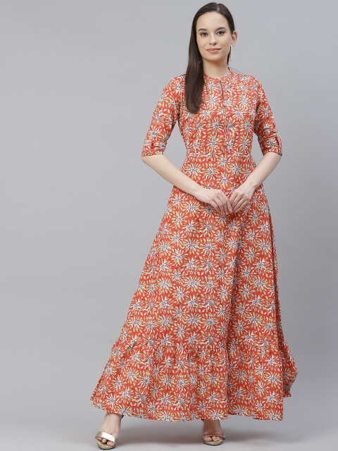 

mokshi Women Orange & Green Floral Printed Pure Cotton Anarkali Kurta