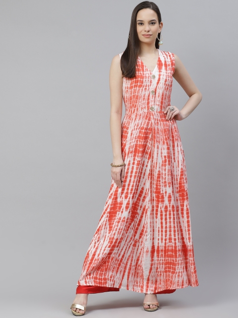 

mokshi Women White & Coral Red Dyed Effect Anarkali Kurta