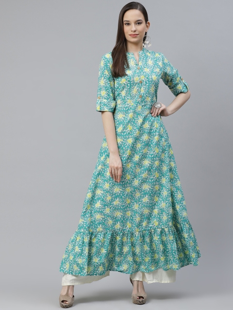 

mokshi Women Green & White Cotton Floral Printed Anarkali Kurta