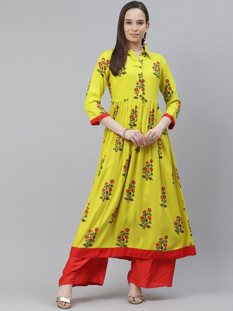 

mokshi Women Lime Green & Red Ethnic Motifs Printed Shirt Collar A-Line Kurta
