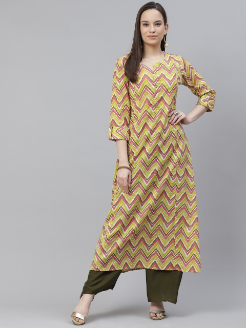 

mokshi Women Lime Green & Pink Chevron Printed Pure Cotton A-Line Kurta