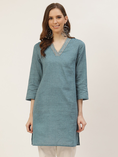 

Ancestry Women Blue Woven Design Ethnic Motifs Pure Cotton Straight Kurta
