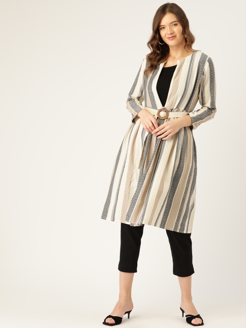 

Ancestry Women White & Black Pure Cotton Striped Longline Tailored Jacket