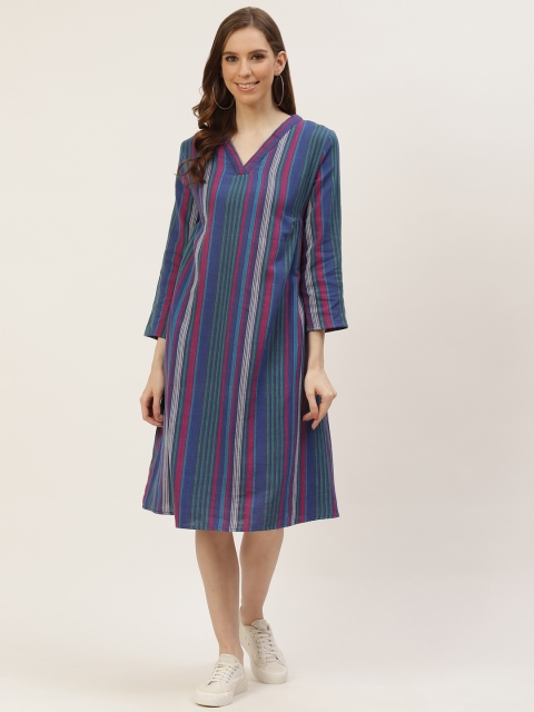 

Ancestry Navy Blue & Grey Pure Cotton Striped A-Line Midi Dress
