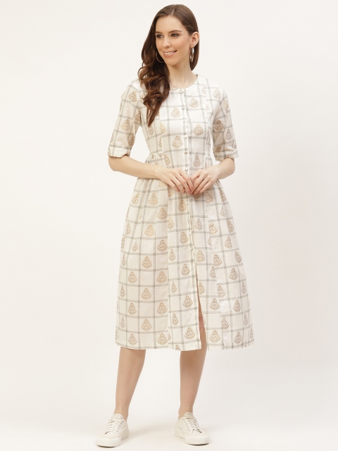 

Ancestry White & Golden Woven Design A-Line Midi Dress