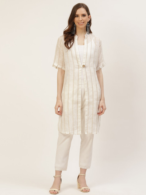 

Ancestry Women Off White Beige Pure Cotton Longline Tailored Jacket