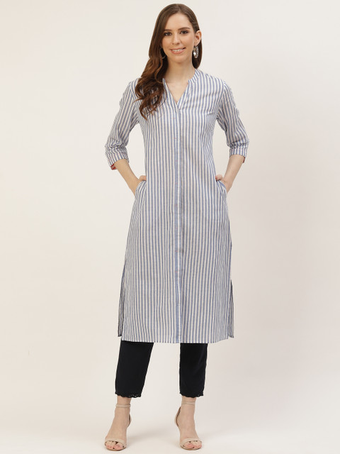 

Ancestry Women Blue & White Pure Cotton Woven Striped Kurta