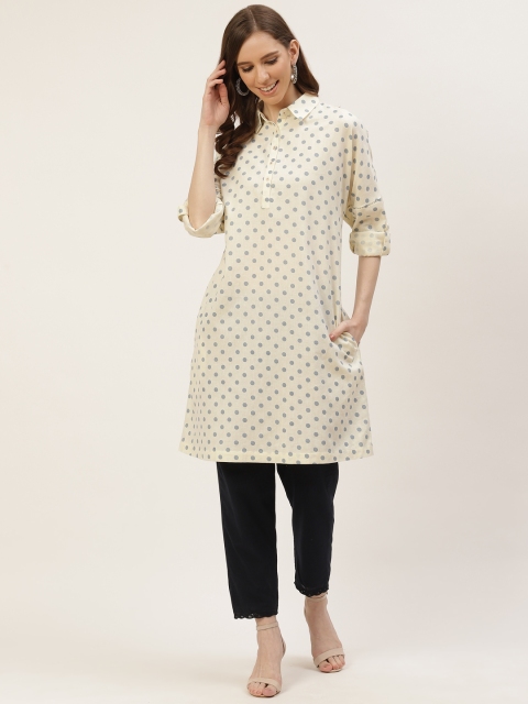 

Ancestry Women Off White & Grey Pure Cotton Woven Design Kurta