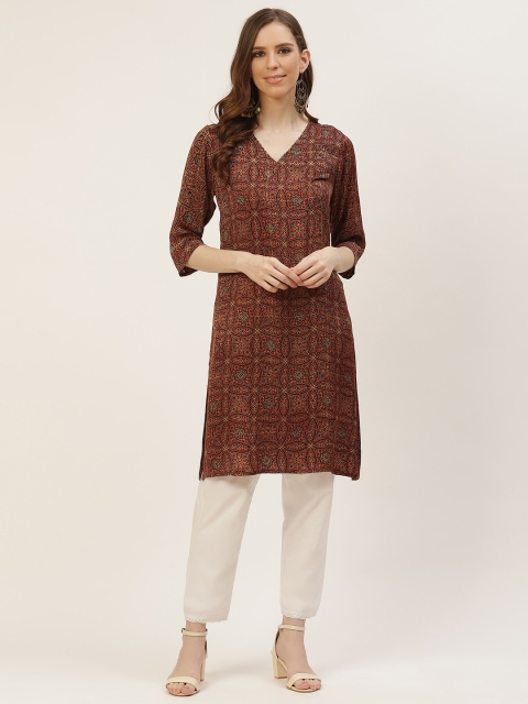 

Ancestry Women Maroon & Black Ethnic Motifs Printed Kurta