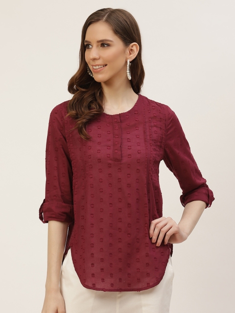 

Ancestry Women Maroon Pure Cotton Self-Design High-Low Top