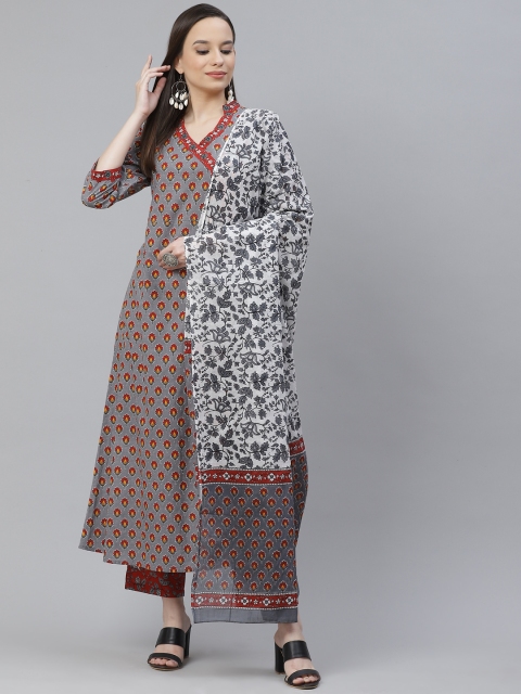 

mokshi Women Grey Ethnic Motifs Printed Pure Cotton Kurta with Trousers & Dupatta