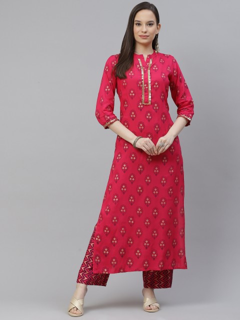 

mokshi Women Pink & Golden Ethnic Motifs Printed Kurta with Palazzos