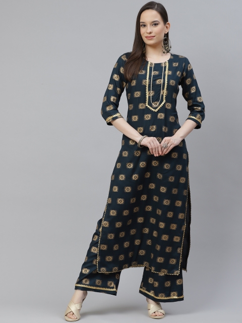

mokshi Women Teal Green & Golden Ethnic Motifs Printed Kurta with Palazzos