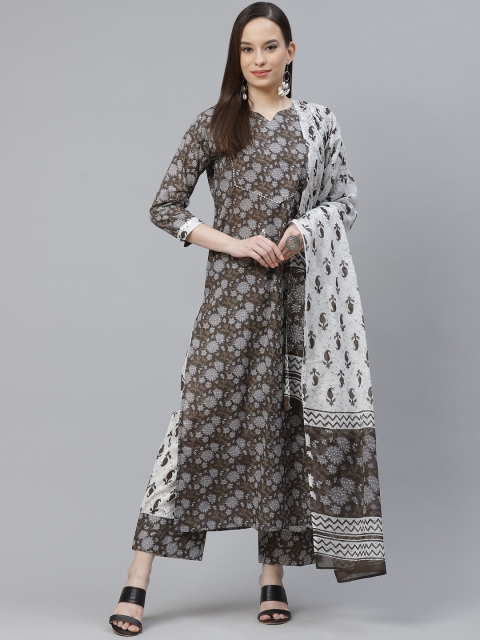 

mokshi Women Brown & Grey Ethnic Motifs Print Pure Cotton Kurta with Palazzos & Dupatta