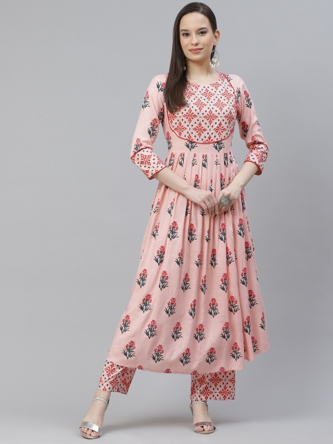 

mokshi Women Pink & Blue Ethnic Motifs Print Pleated Kurta with Palazzos