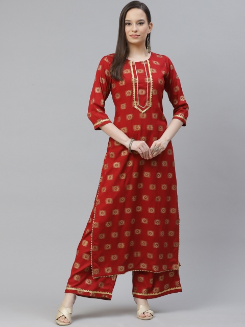 

mokshi Women Maroon & Golden Ethnic Motifs Printed Kurta with Palazzos