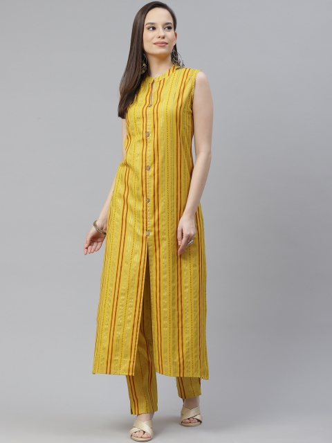 

mokshi Women Yellow & Rust Orange Striped Pure Cotton Kurta with Trousers