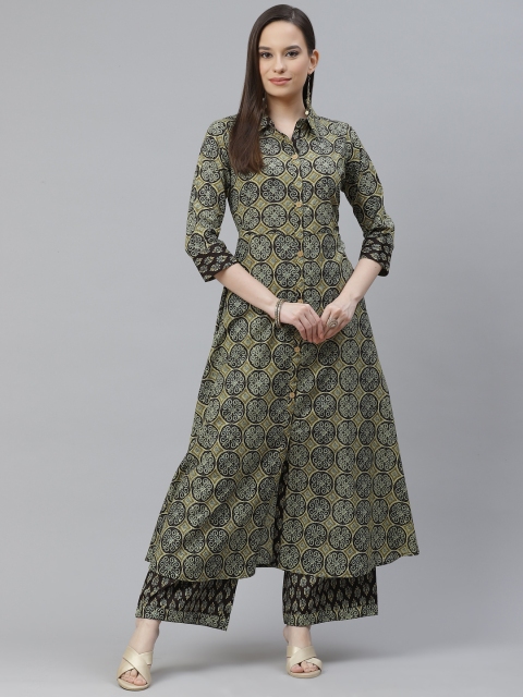 

mokshi Women Green & Black Ethnic Motifs Printed Pure Cotton Kurta with Palazzos