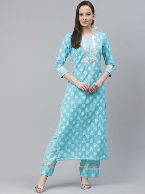 

mokshi Women Blue Ethnic Motifs Printed Pure Cotton Kurta with Palazzos