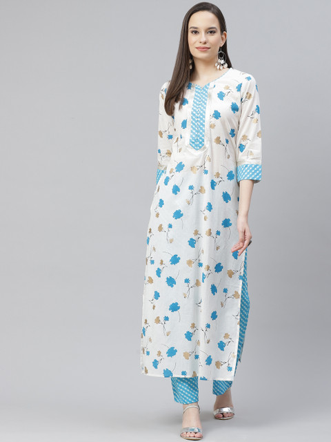 

mokshi Women White & Blue Floral Printed Pure Cotton Kurta with Trousers
